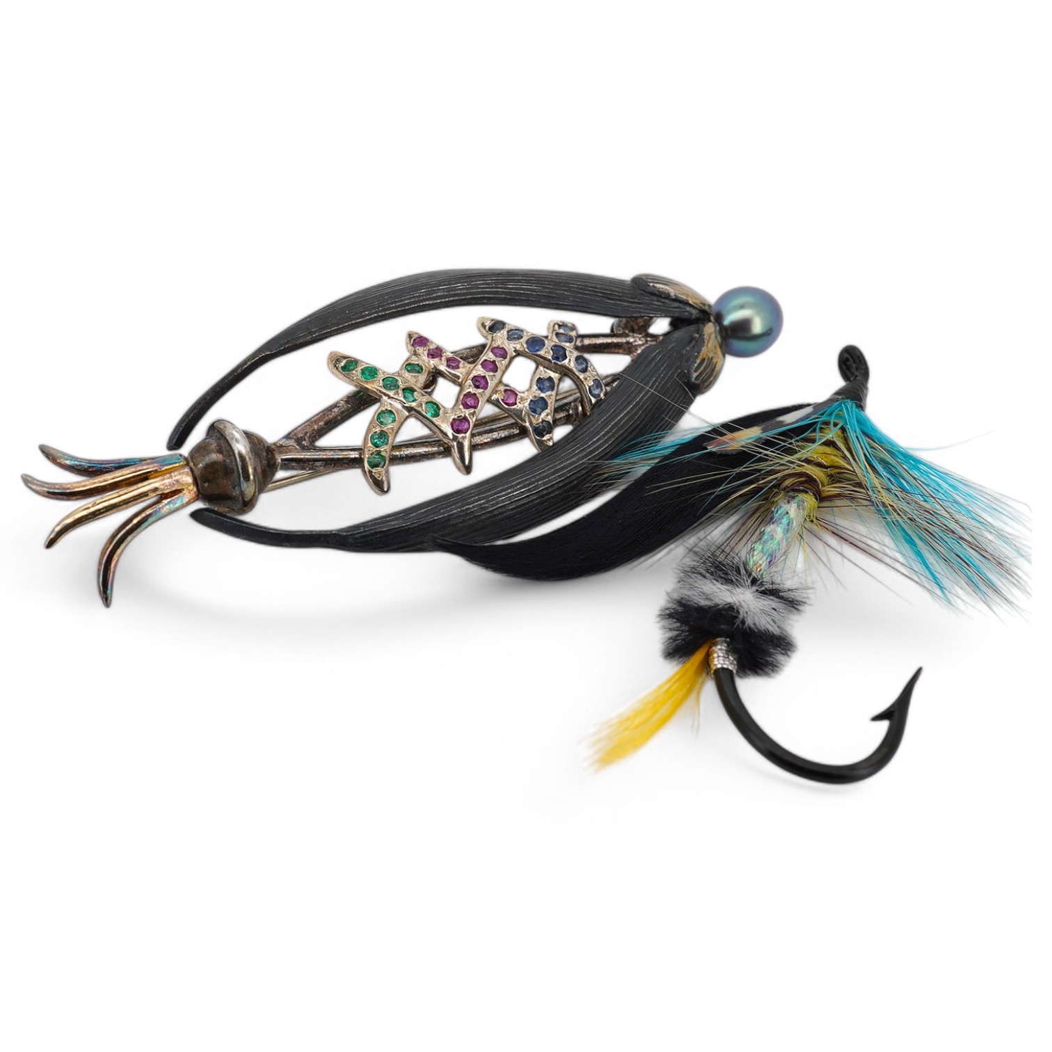 Rachel Jeffrey, a cultured pearl and gem-set brooch, 'The Pearl of the Dee', circa 2000,designed as a fly for fly fishing, set with circular-cut rubies, sapphires and emeralds, topped with a black cultured pearl, mounted